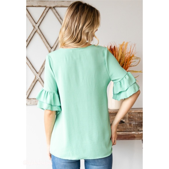 LAST 1! V Neck Stunning Double Ruffle Sleeve Mint Top! - Picture 5 of 6